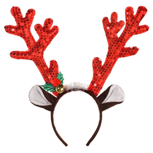 Christmas Antlers Red Sparkling Sequins Brown Reindeer Rainbow Party Headband